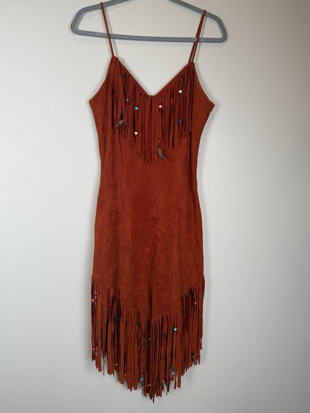 1970s Samir Rust Brown Faux Suede Beaded Fringed Boho Vintage 70s Dress